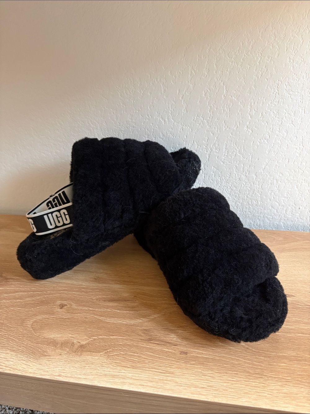 UGG Black Plush Shearling Slide Sandals with Branded Heel Strap